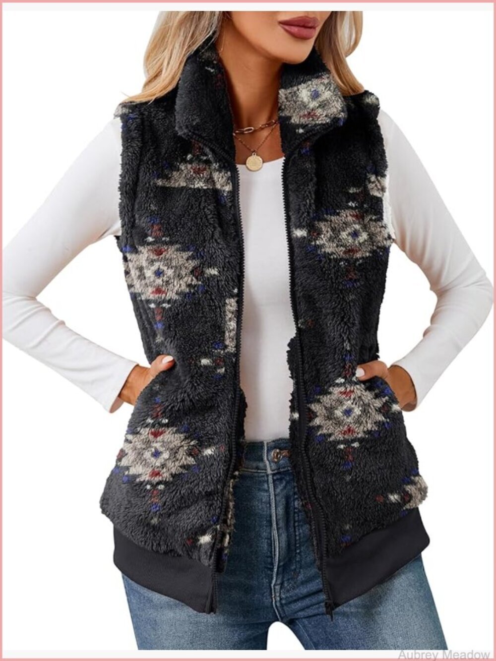 Womens Fleece Zip Up Vest Sleeveless Sherpa Jacket with Pockets